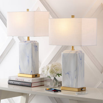 Chloe 24.5" Modern Coastal Iron/Marbled Ceramic LED Table Lamp with USB Charging Port - JONATHAN Y